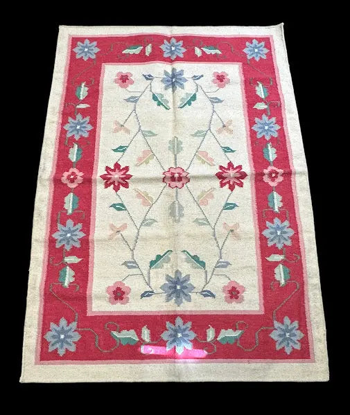Vintage Handmade Wool Rug Turkish Floral Kilim Red/ Beige 4'2 x 5'11 I Got Rugs