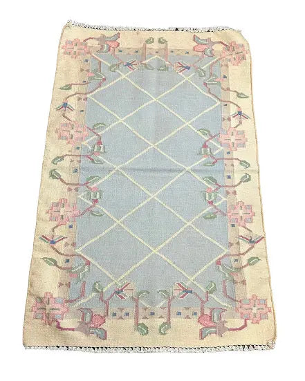 Handmade Vintage Wool Rug Turkish Oushak Floral Design Ivory/ Blue 2'10 x 4'6 - I Got Rugs Handmade Vintage Wool Rug Turkish Oushak Floral Design Ivory/ Blue 2'10 x 4'6 I Got Rugs Handmade Vintage I Got Rugs 289.00