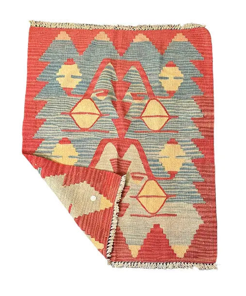 Handmade Vintage Wool Rug Turkish Kilim Tribal Design Red/ Blue 2'9 x 3'6 I Got Rugs