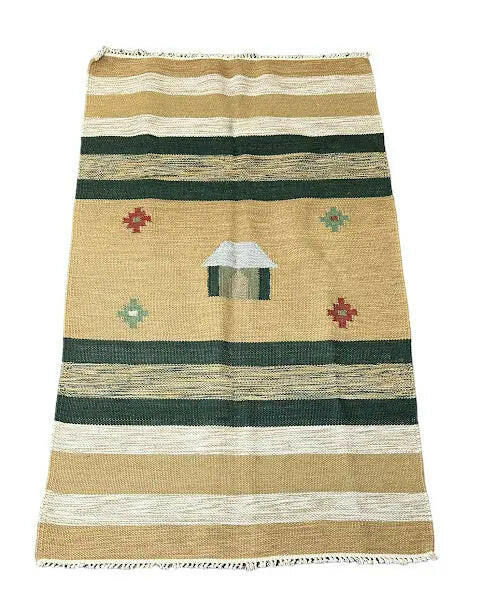 Handmade Vintage Rug Wool Turkish Kilim Village Design Beige/ Green 2'11 x 4'11 I Got Rugs