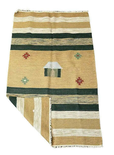 Handmade Vintage Rug Wool Turkish Kilim Village Design Beige/ Green 2'11 x 4'11 I Got Rugs