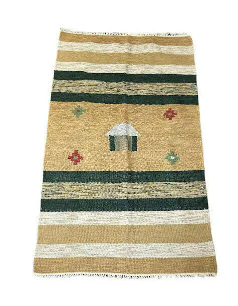 Handmade Vintage Rug Wool Turkish Kilim Village Design Beige/ Green 2'11 x 4'11 I Got Rugs