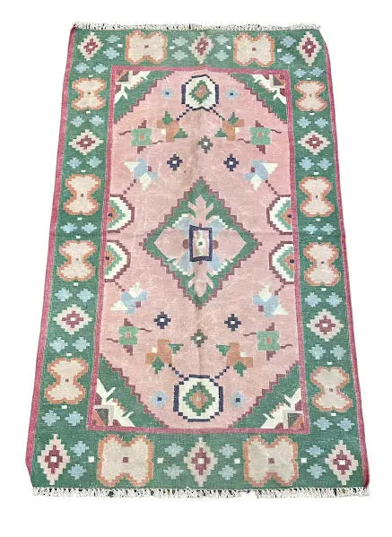Hand-Knotted Vintage Wool Turkish Kilim Rug Pink Geometric Design 2'11 x 4'11 I Got Rugs