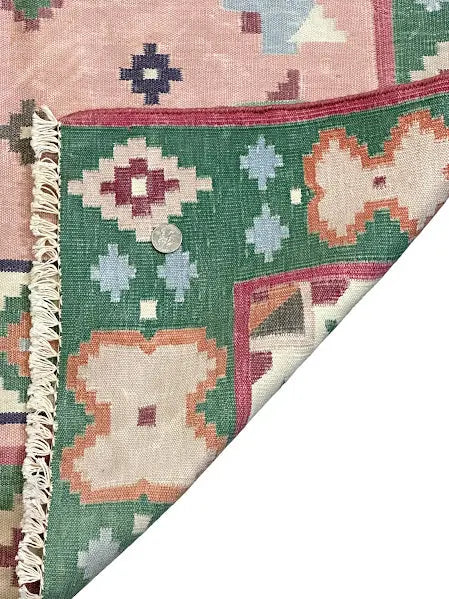Hand-Knotted Vintage Wool Turkish Kilim Rug Pink Geometric Design 2'11 x 4'11 I Got Rugs