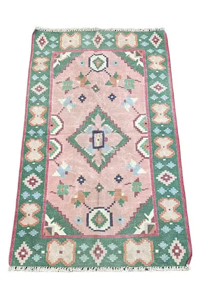Hand-Knotted Vintage Wool Turkish Kilim Rug Pink Geometric Design 2'11 x 4'11 I Got Rugs