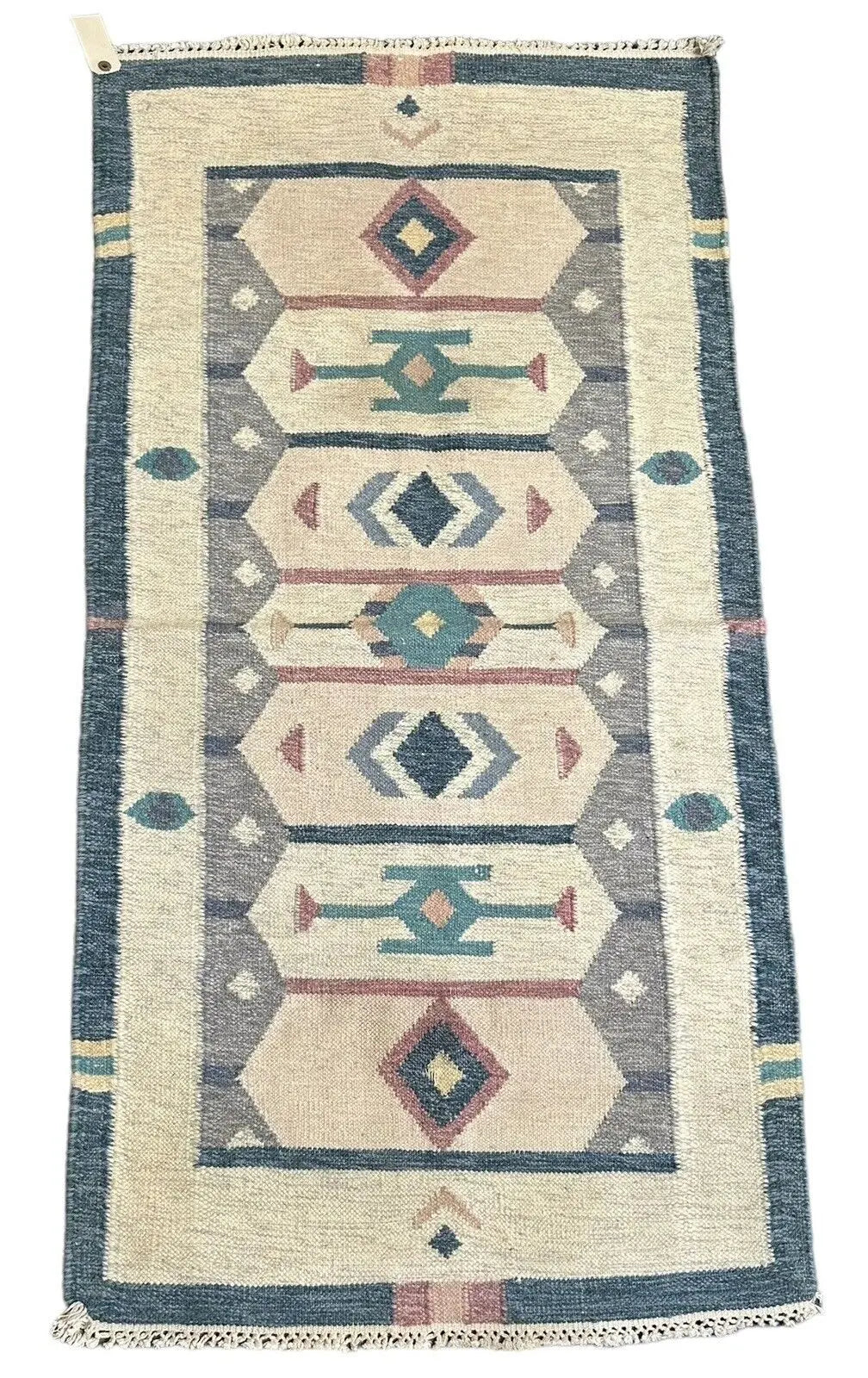Handmade Vintage Rug Turkish Kilim Design Ivory and Blue 2'4 x 4'6 I Got Rugs