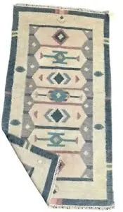 Handmade Vintage Rug Turkish Kilim Design Ivory and Blue 2'4 x 4'6 I Got Rugs