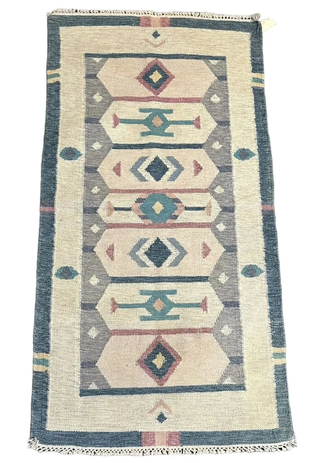Handmade Vintage Rug Turkish Kilim Design Ivory and Blue 2'4 x 4'6 I Got Rugs