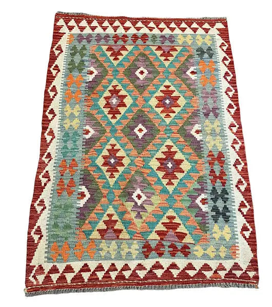 Handmade Vintage Rug Wool Afghan Kilim Bright Color Geometric Pattern 3'4 x 4'10 I Got Rugs