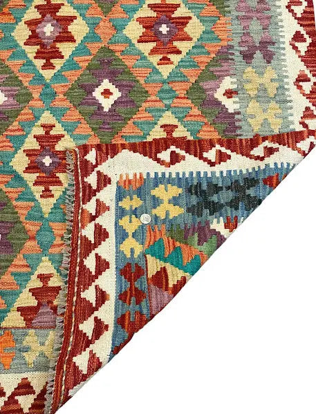Handmade Vintage Rug Wool Afghan Kilim Bright Color Geometric Pattern 3'4 x 4'10 I Got Rugs