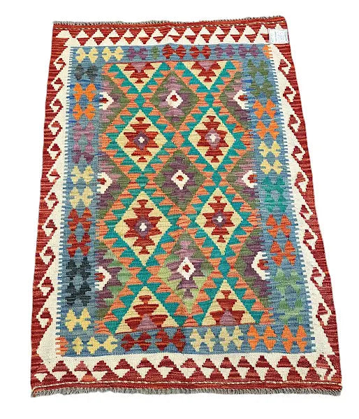 Handmade Vintage Rug Wool Afghan Kilim Bright Color Geometric Pattern 3'4 x 4'10 I Got Rugs
