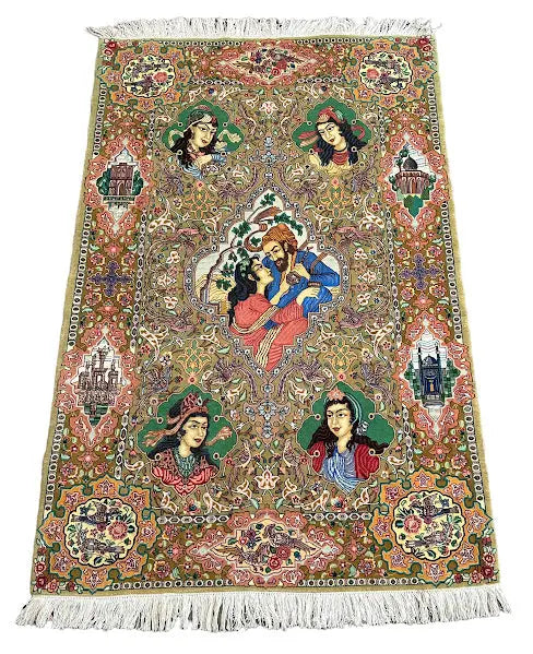 Handmade Vintage Silk Rug Persian Tabriz Pictorial Design 3'8 x 5'9 I Got Rugs