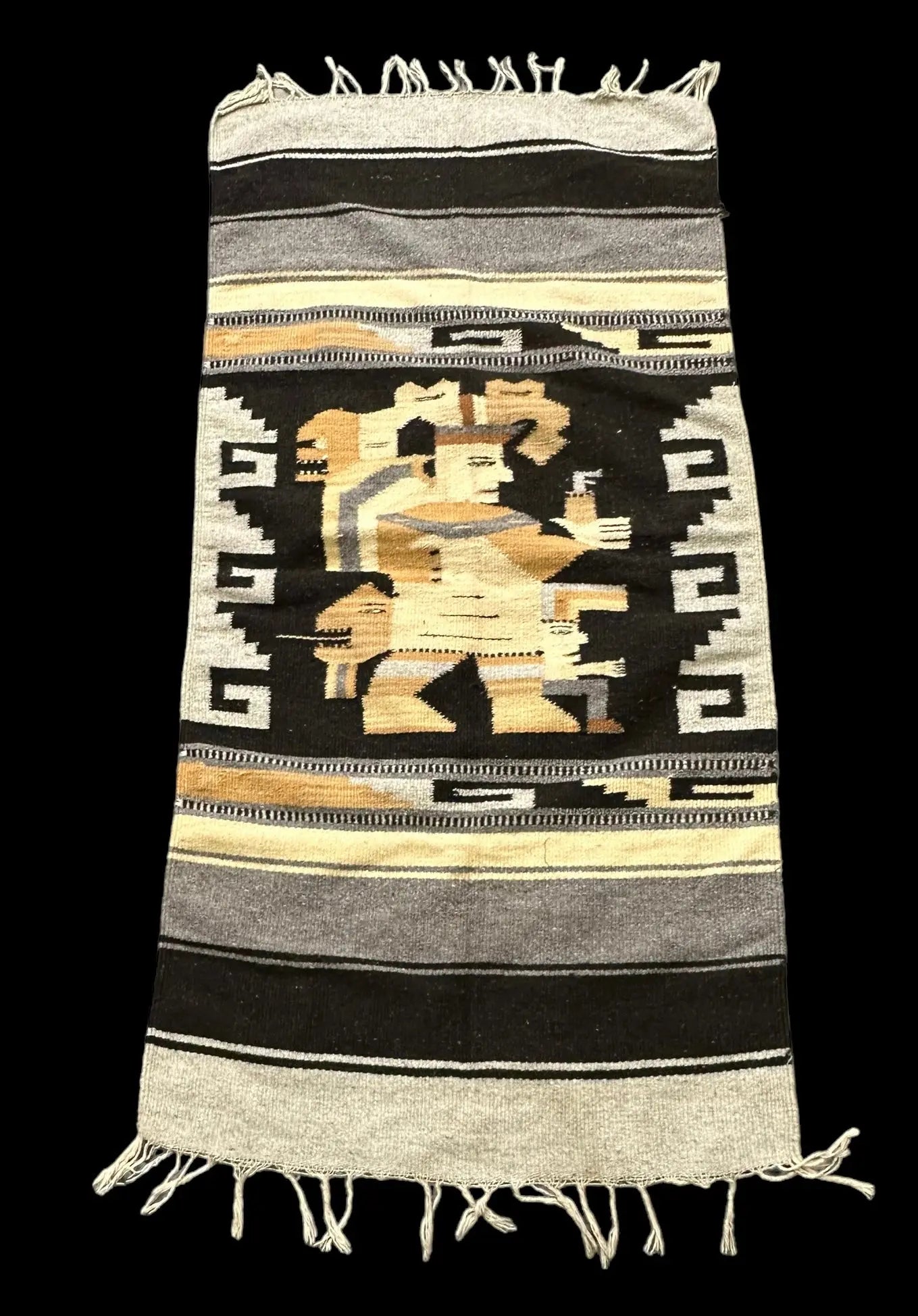 Handmade Vintage Wool Rug Mexican Tribal Pictorial Design in Gray 2'4 x 4'9 I Got Rugs