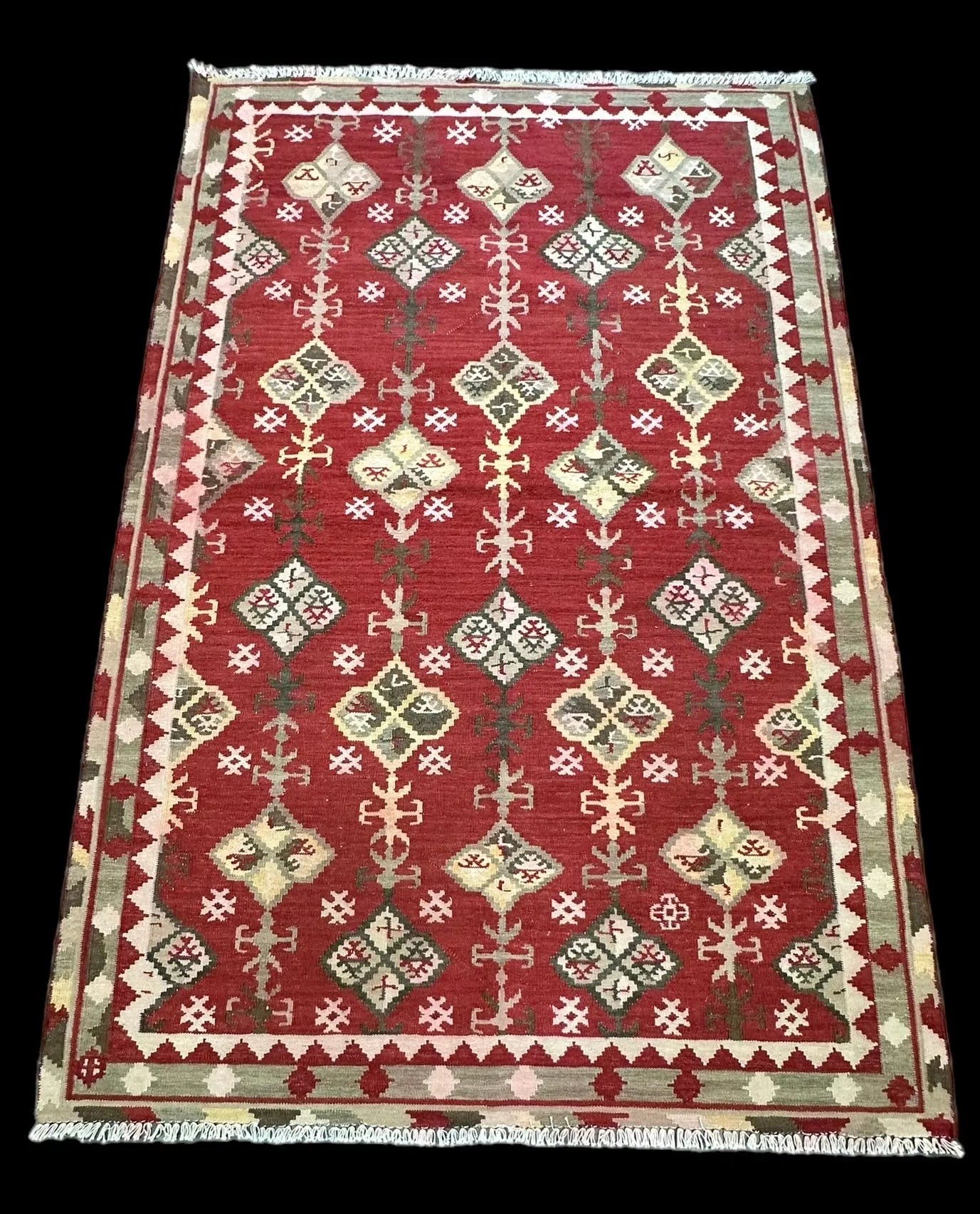 Handmade Vintage Wool Rug Red Turkish Kilim Geometric Design 5'3 x 7'11 I Got Rugs