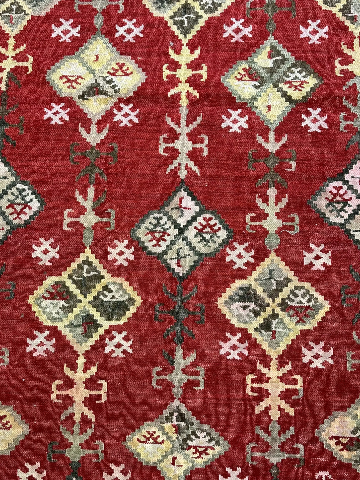 Handmade Vintage Wool Rug Red Turkish Kilim Geometric Design 5'3 x 7'11 I Got Rugs