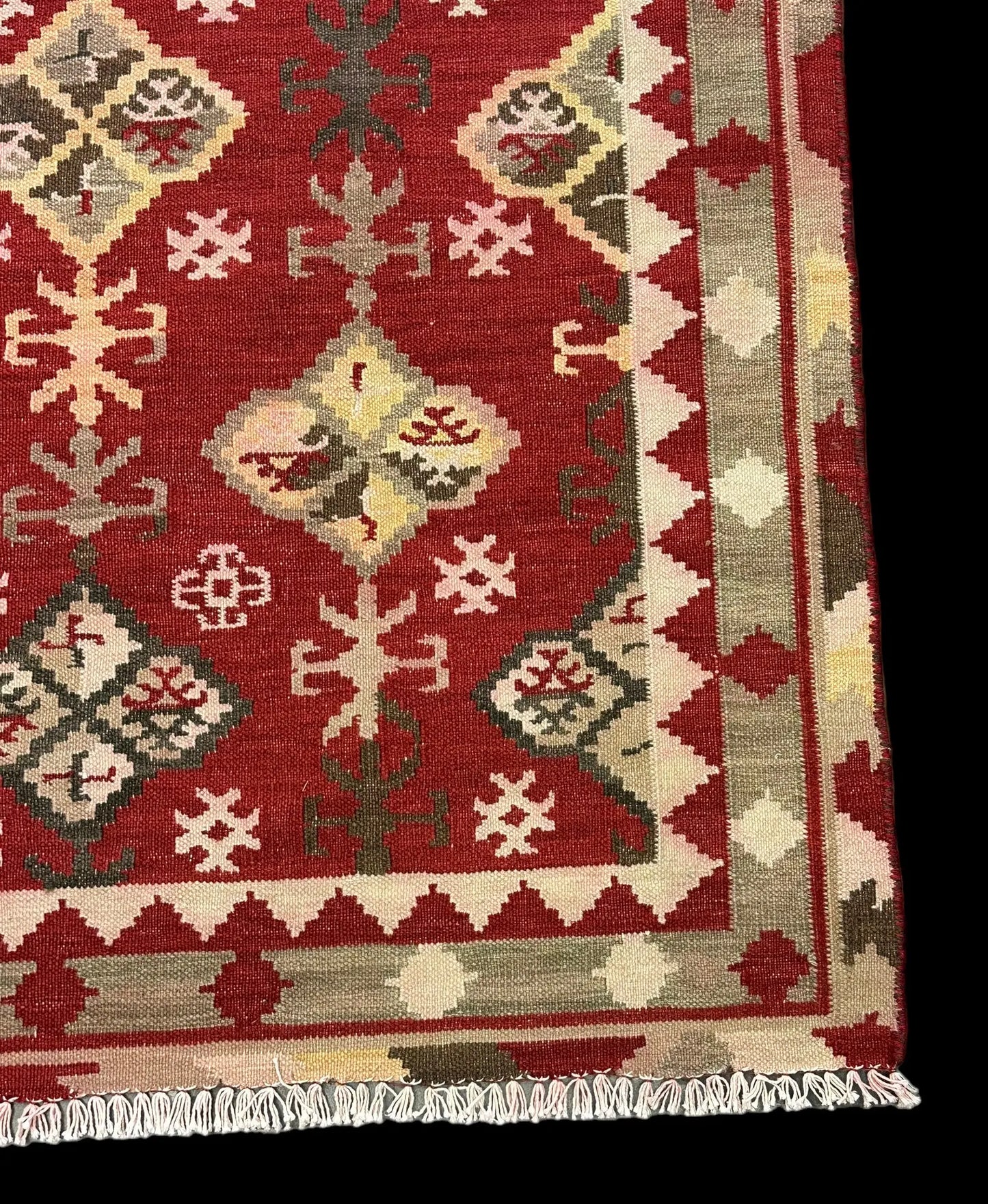 Handmade Vintage Wool Rug Red Turkish Kilim Geometric Design 5'3 x 7'11 I Got Rugs