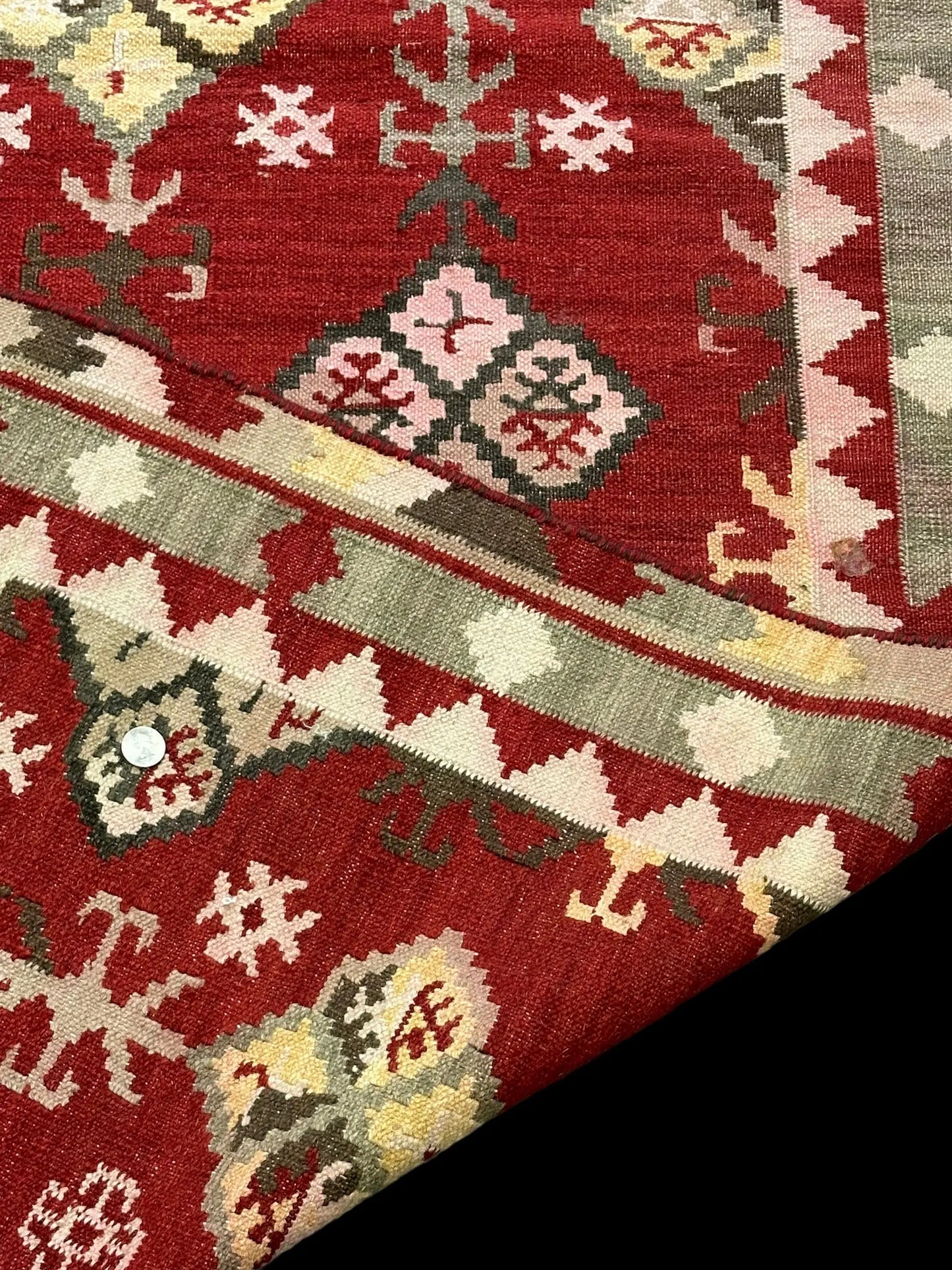 Handmade Vintage Wool Rug Red Turkish Kilim Geometric Design 5'3 x 7'11 I Got Rugs