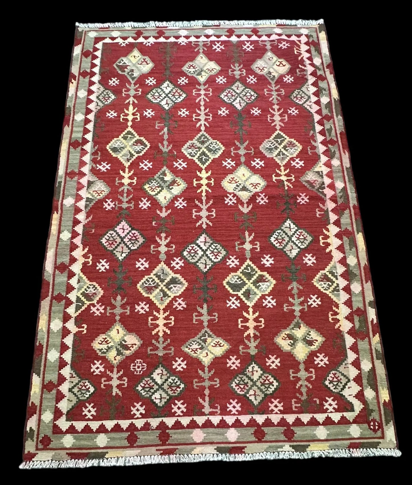 Handmade Vintage Wool Rug Red Turkish Kilim Geometric Design 5'3 x 7'11 I Got Rugs