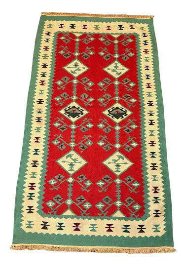 Handmade Vintage Wool Rug Turkish Anatolian Diamond Design Green 3' x 5'6 I Got Rugs
