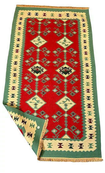 Handmade Vintage Wool Rug Turkish Anatolian Diamond Design Green 3' x 5'6 I Got Rugs