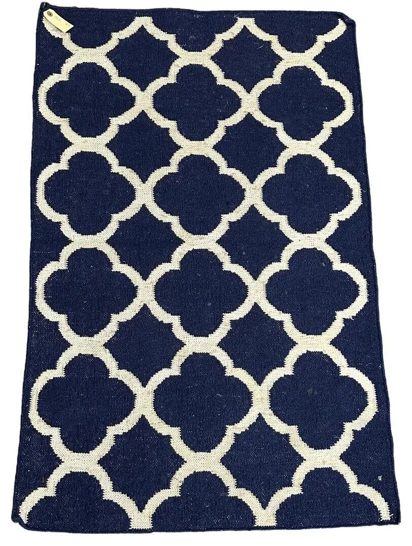 Handmade Vintage Wool Rug Turkish Flatweave Design Blue 2'7 x 4' I Got Rugs