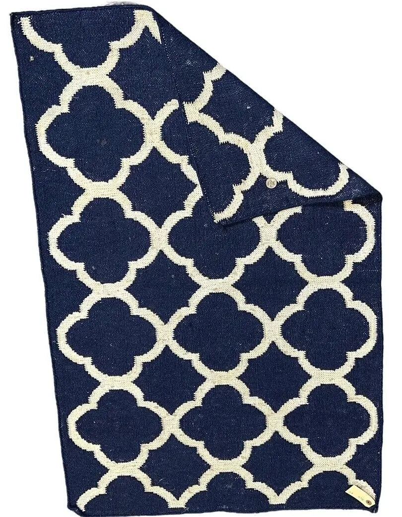 Handmade Vintage Wool Rug Turkish Flatweave Design Blue 2'7 x 4' I Got Rugs