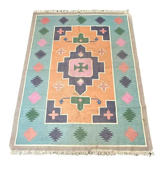 Handmade Vintage Wool Rug Turkish Kilim Oriental Design Blue 5'1 x 6'11 I Got Rugs