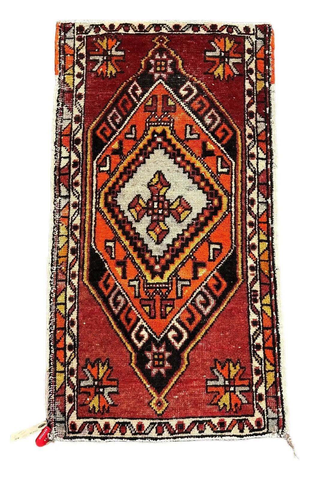 Handmade Vintage Wool Rug Turkish Kilim Red and Orange Bohemian Design 1'6 x 2'11 I Got Rugs