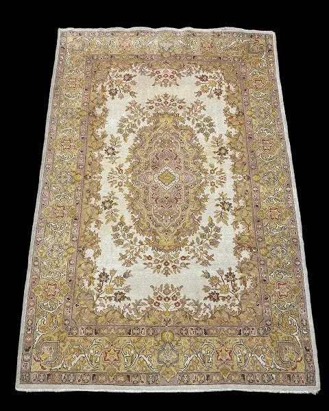 Handmade Vintage Wool Rug Yellow Persian Oriental Pattern 4'3 x 6'4 I Got Rugs