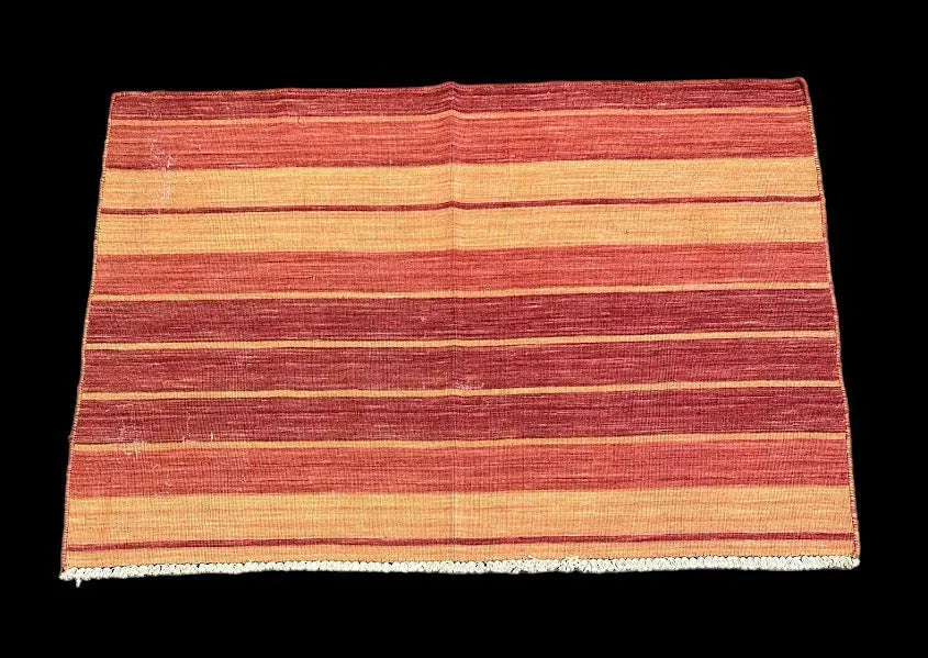 Handmade Vintage Wool Turkish Rug Orange Striped Pattern 4'6 x 3'2 I Got Rugs