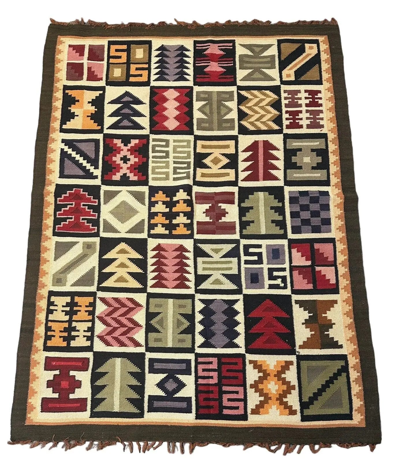Handmade Vintage Rug Wool Turkish Multicolor/ Multi Geometric Designs 3'6 x 4'8 I Got Rugs