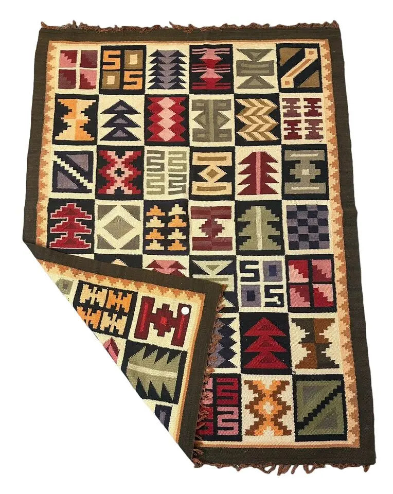 Handmade Vintage Rug Wool Turkish Multicolor/ Multi Geometric Designs 3'6 x 4'8 I Got Rugs