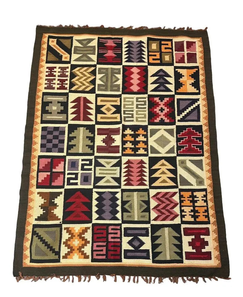 Handmade Vintage Rug Wool Turkish Multicolor/ Multi Geometric Designs 3'6 x 4'8 I Got Rugs