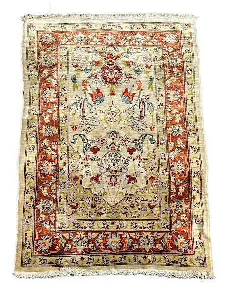 Hand-Knotted Vintage Silk Rug Persian Oriental Design Ivory/ Orange 2'1 x 3'2 I Got Rugs