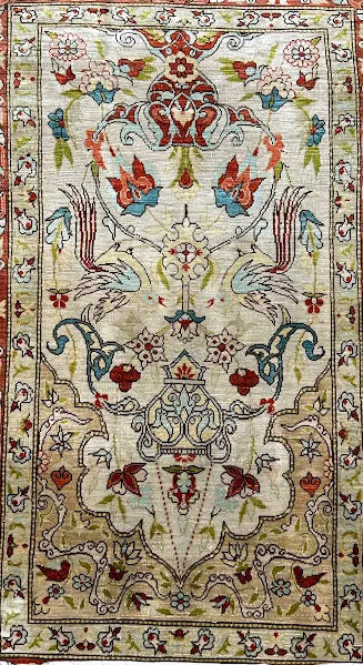 Hand-Knotted Vintage Silk Rug Persian Oriental Design Ivory/ Orange 2'1 x 3'2 I Got Rugs