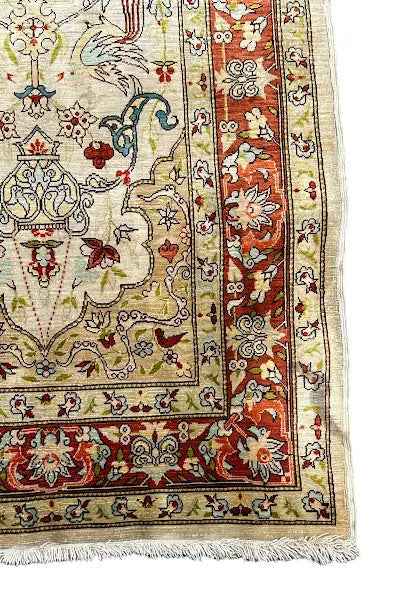 Hand-Knotted Vintage Silk Rug Persian Oriental Design Ivory/ Orange 2'1 x 3'2 I Got Rugs
