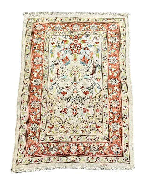 Hand-Knotted Vintage Silk Rug Persian Oriental Design Ivory/ Orange 2'1 x 3'2 I Got Rugs