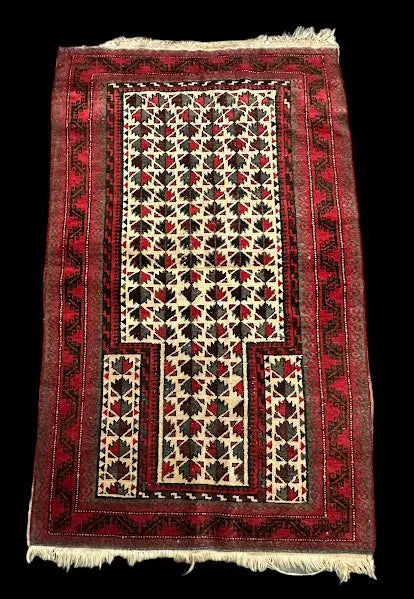 Handmade Vintage Wool Rug Persian Baluch Oriental Design in Ivory/ Red 2'10x 4'9 I Got Rugs