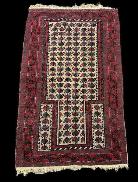 Handmade Vintage Wool Rug Persian Baluch Oriental Design in Ivory/ Red 2'10x 4'9 I Got Rugs