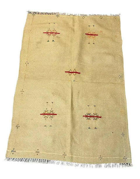 Handmade Vintage Wool Rug Turkish Kilim Village Design Beige/ Red 3 x 4'5 I Got Rugs
