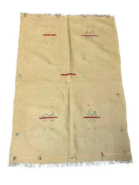 Handmade Vintage Wool Rug Turkish Kilim Village Design Beige/ Red 3 x 4'5 I Got Rugs