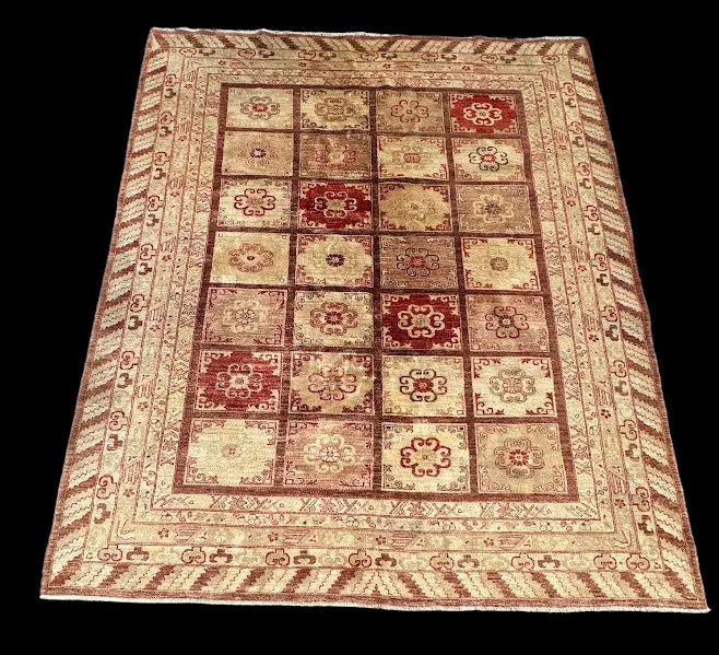 Vintage Hand-Knotted Wool Rug Persian Oriental Design in Ivory/ Red 7'11 x 9'7 I Got Rugs