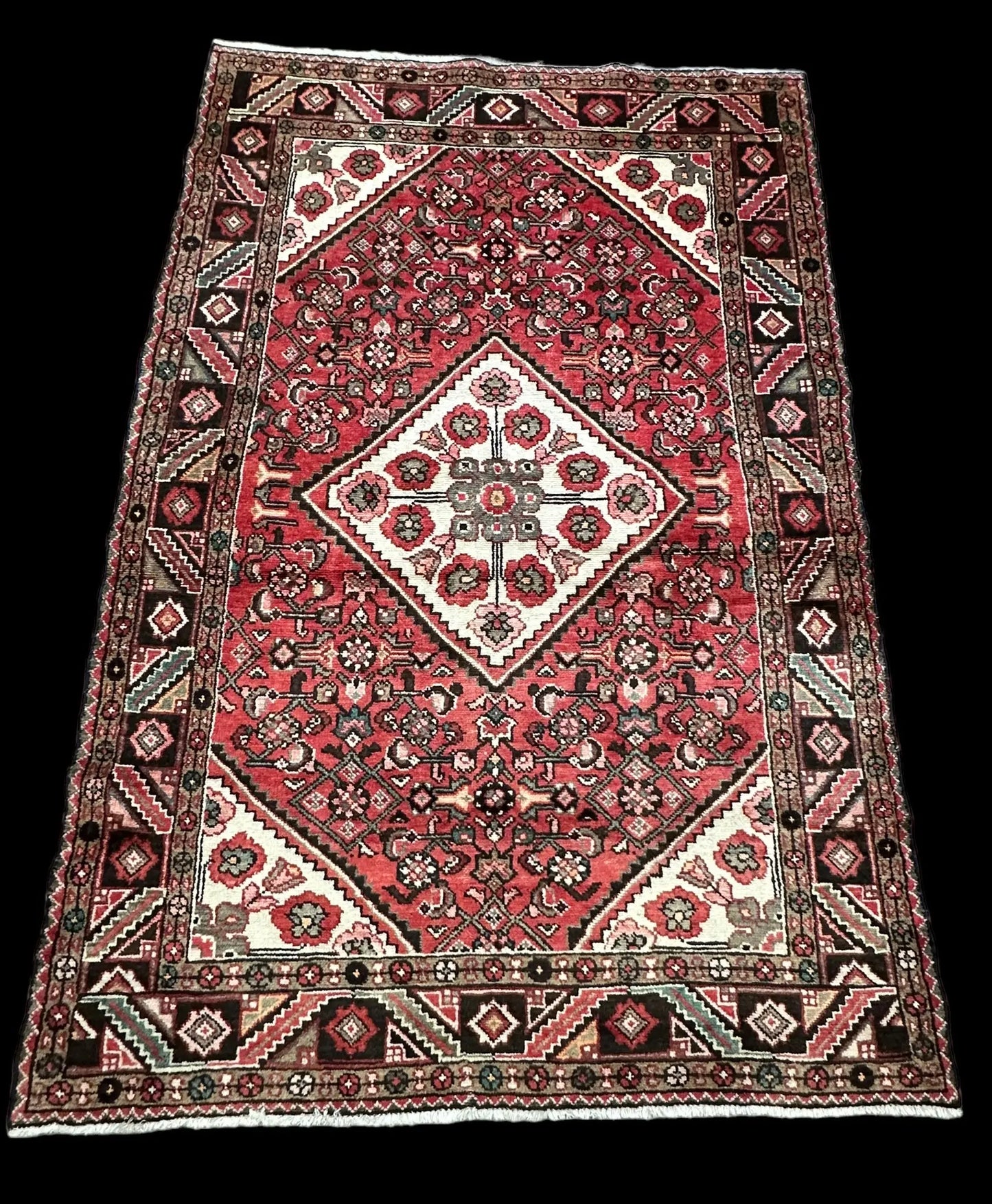 Vintage Hand-Knotted Wool Rug Pink/ Red Persian Floral Hamaden Design 4'11 x 7'5 I Got Rugs