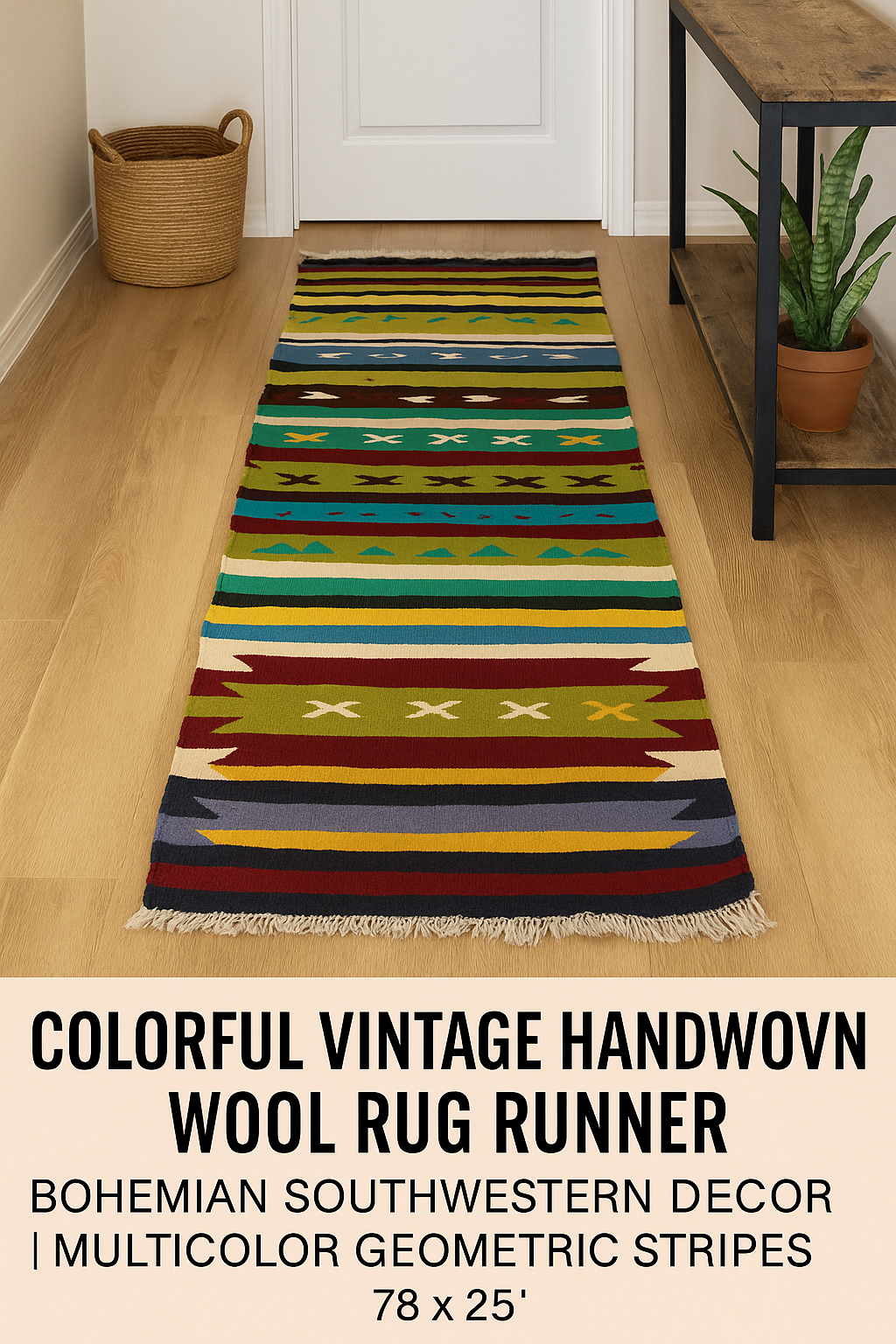 Colorful Vintage Handwoven Wool Rug Runner | Bohemian Southwestern Decor | Multicolor Geometric Stripes 78" x 25"