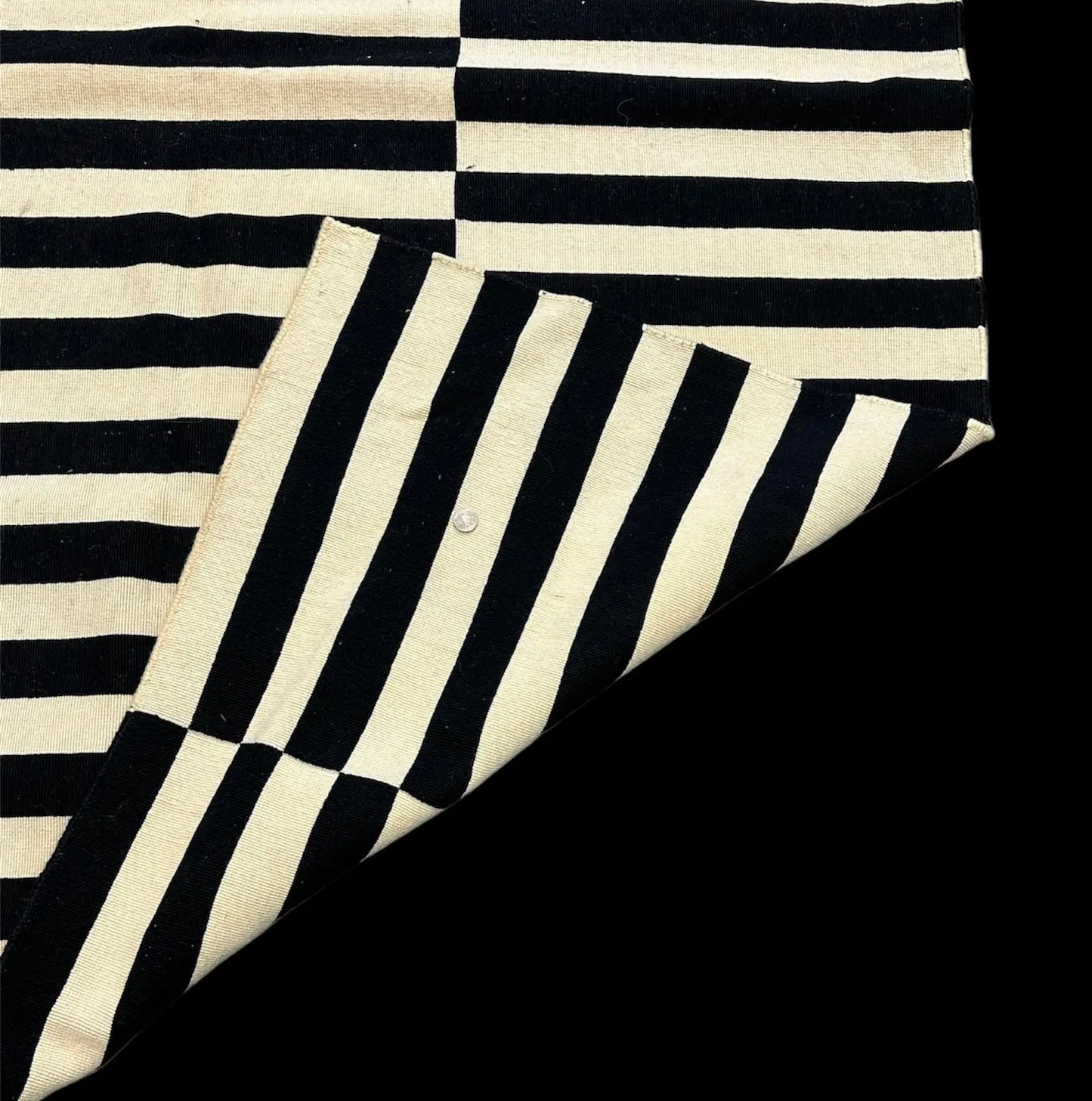 Vintage Hand-Knotted Wool Rug Black/ White Turkish Striped Design 5'5 x 7'6 I Got Rugs