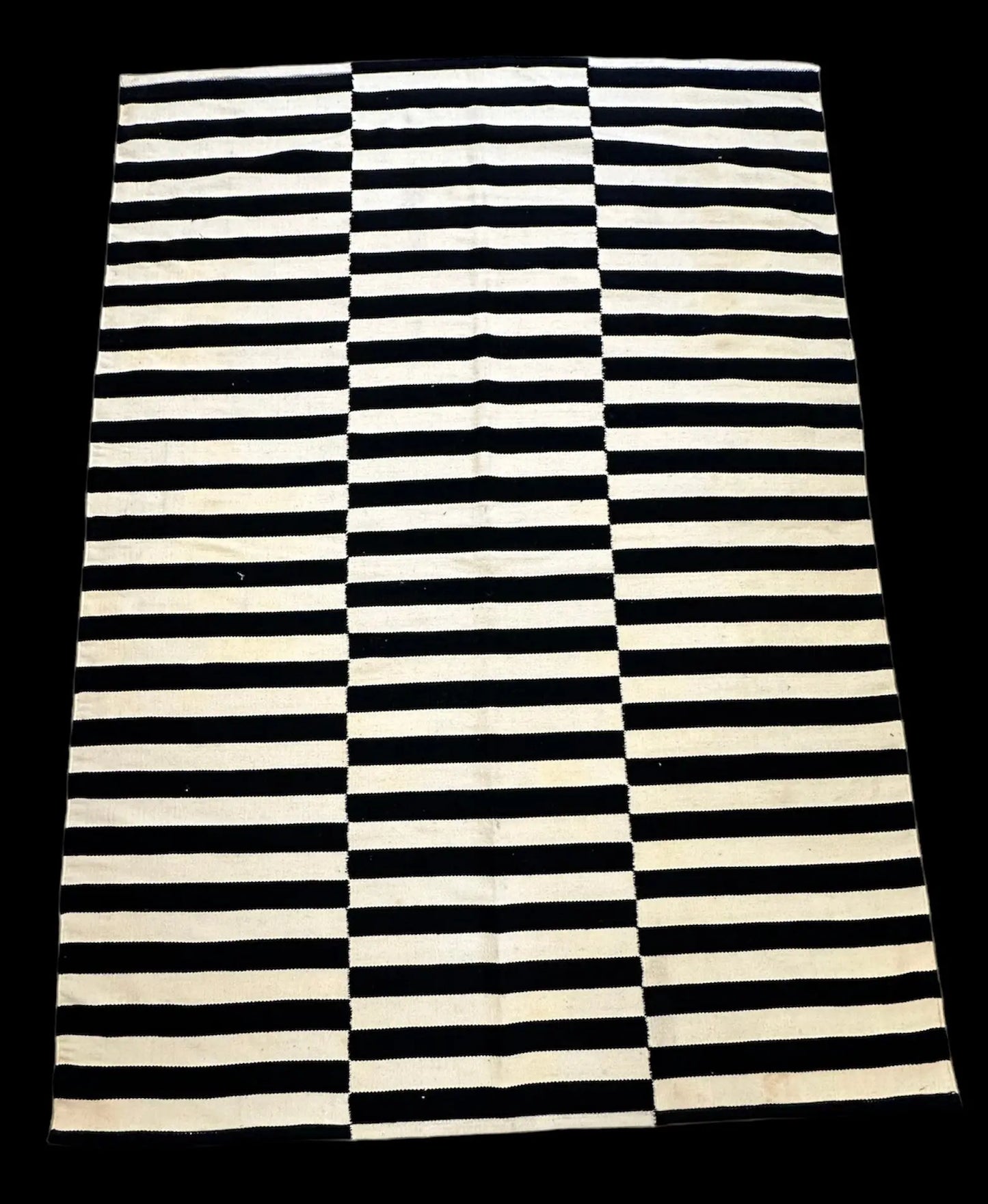 Vintage Hand-Knotted Wool Rug Black/ White Turkish Striped Design 5'6 x 7'9 I Got Rugs