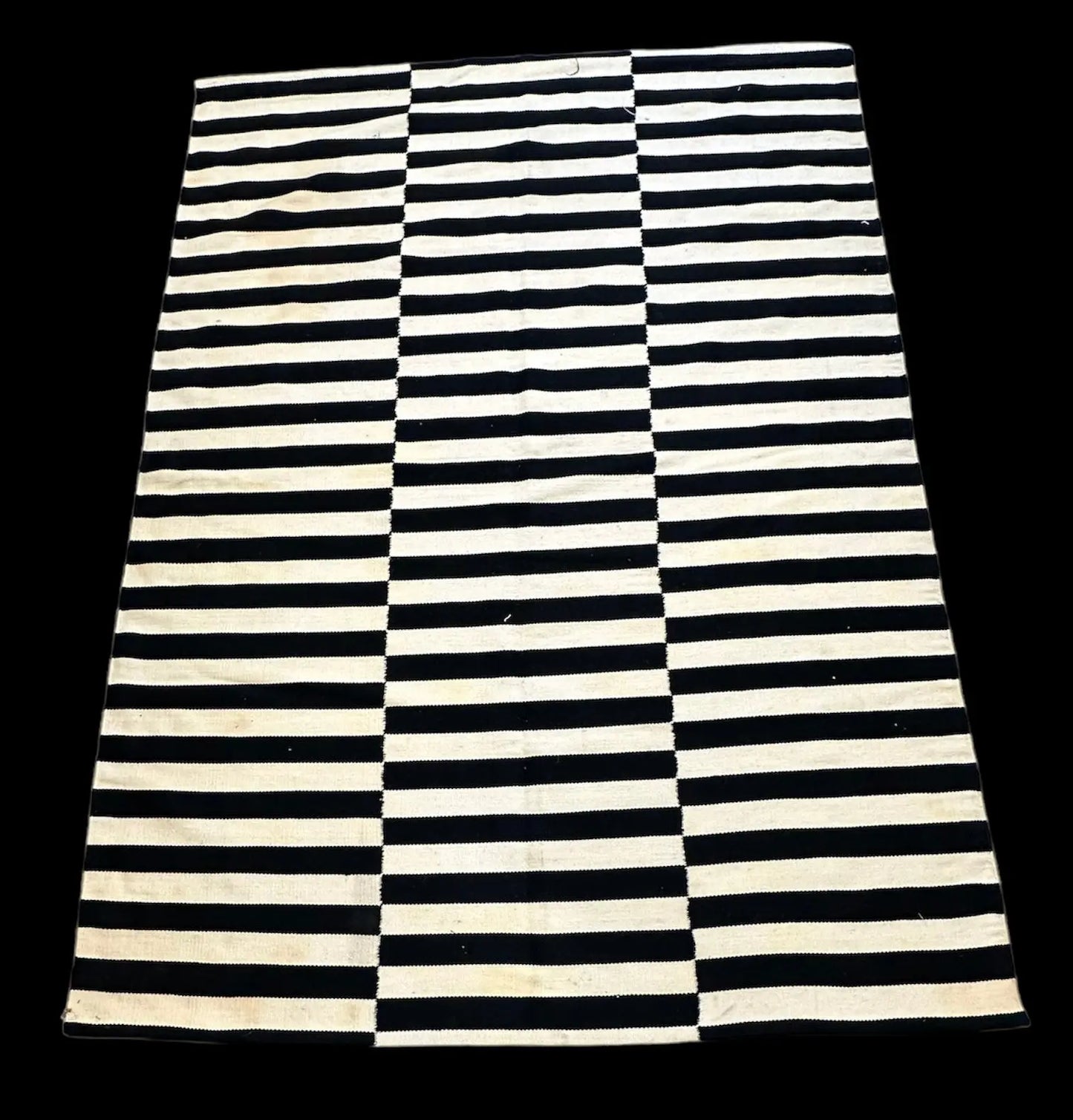 Vintage Hand-Knotted Wool Rug Black/ White Turkish Striped Design 5'6 x 7'9 I Got Rugs