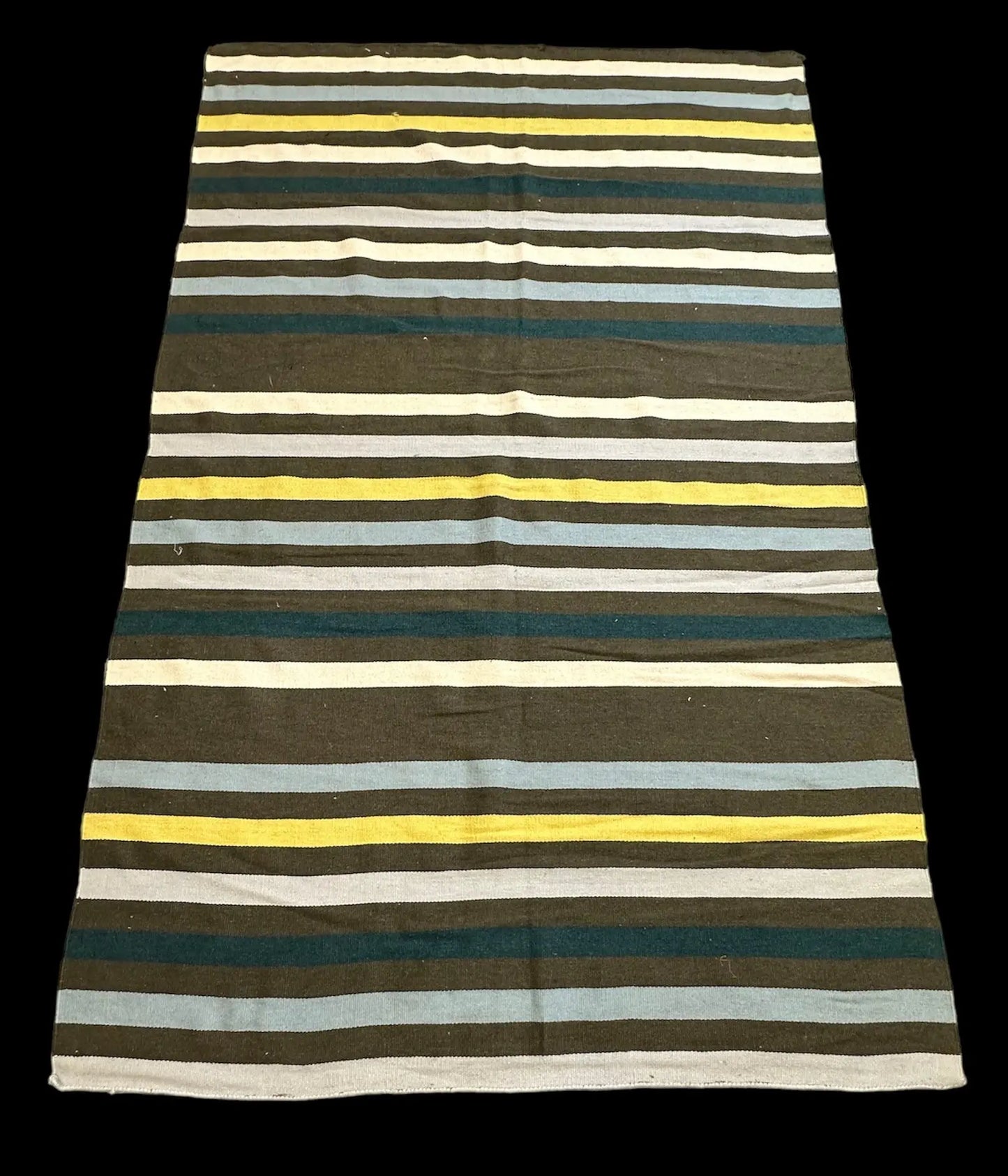 Handmade Vintage Wool Rug Turkish Kilim Green/ Yellow Striped Design 5' x 8' I Got Rugs