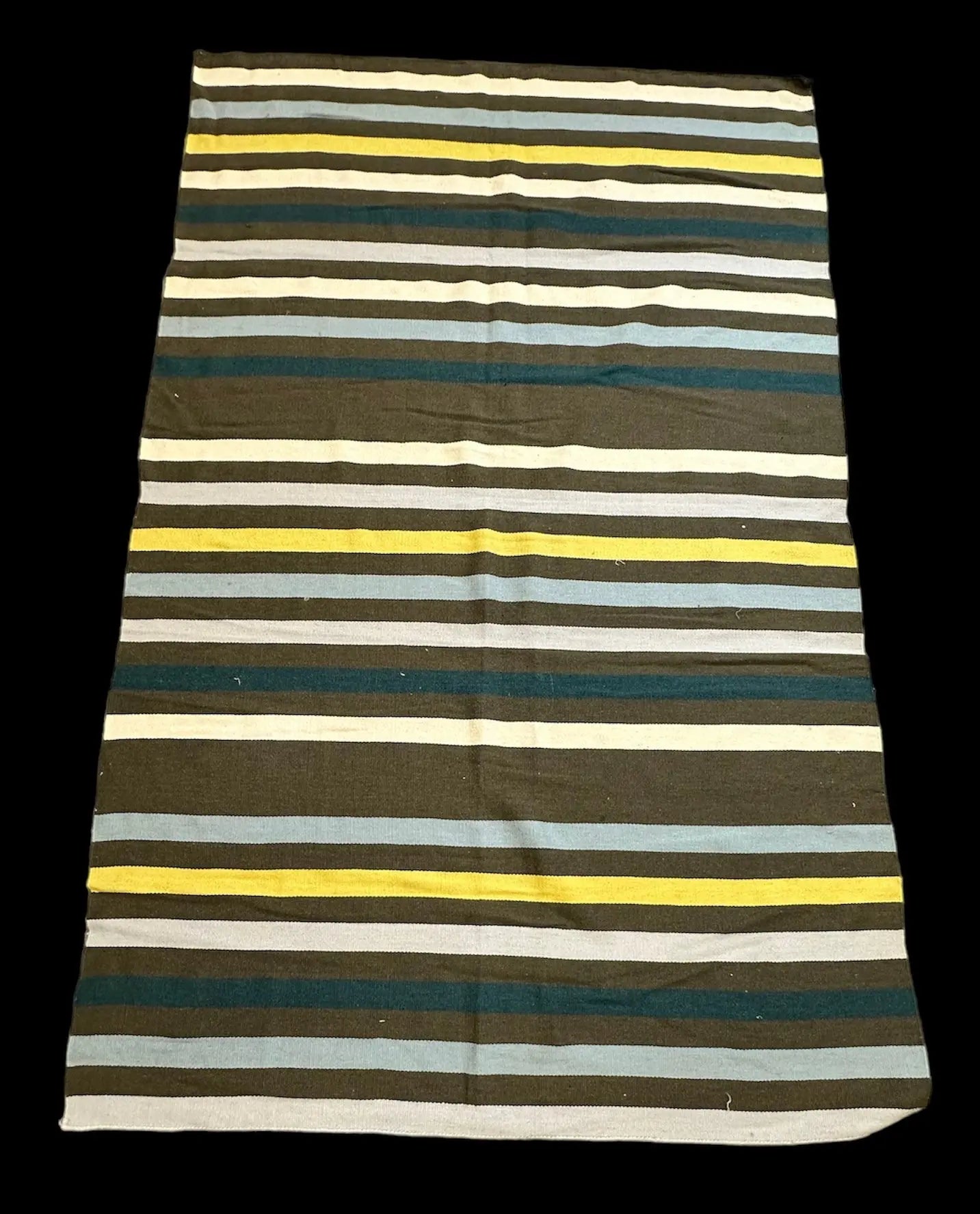 Handmade Vintage Wool Rug Turkish Kilim Green/ Yellow Striped Design 5' x 8' I Got Rugs