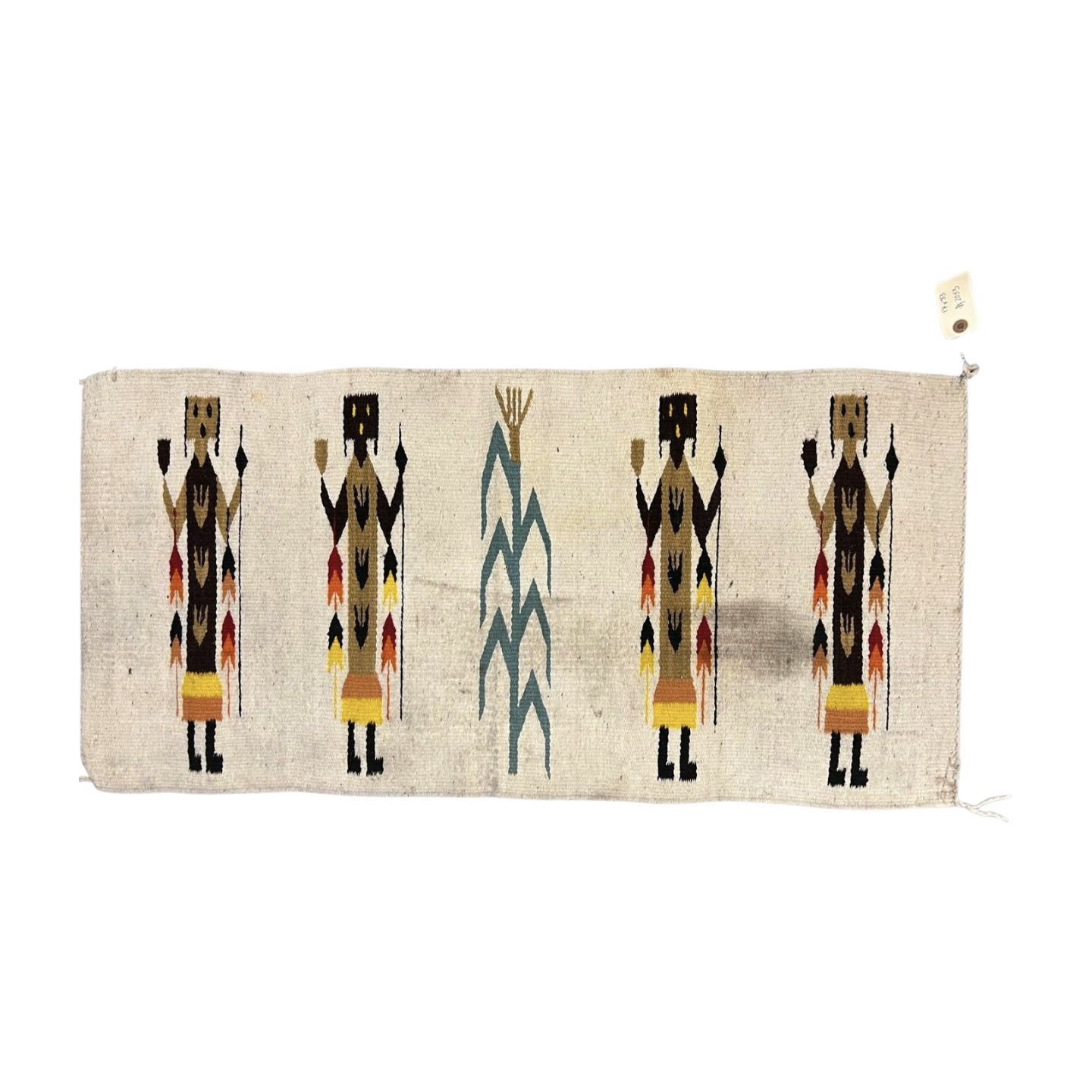 Vintage Navajo Yei Rug – Handwoven Wool Wall Art with Yei Spirit Figures & Corn Symbol (37” x 15”)